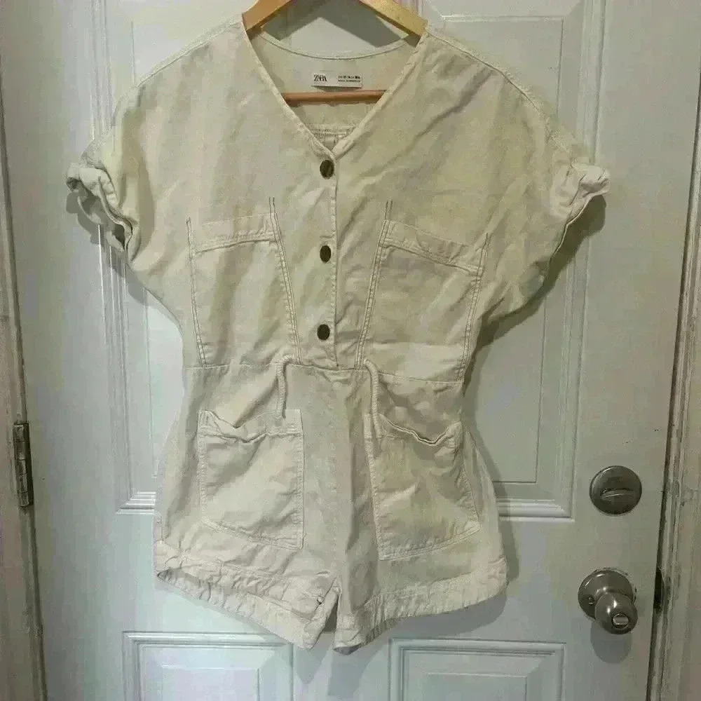 Zara kids utility shorts romper jumper denim cream size 13-14